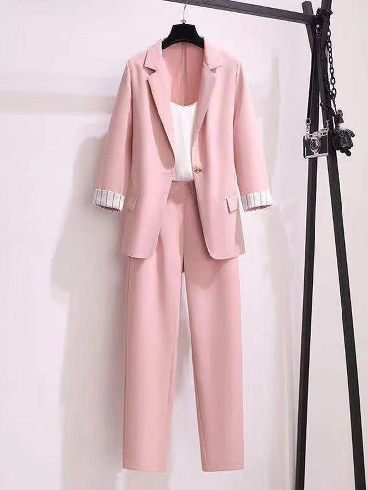 Tweed Blazer Jacket, Blouse + Pants 3-Piece Suit