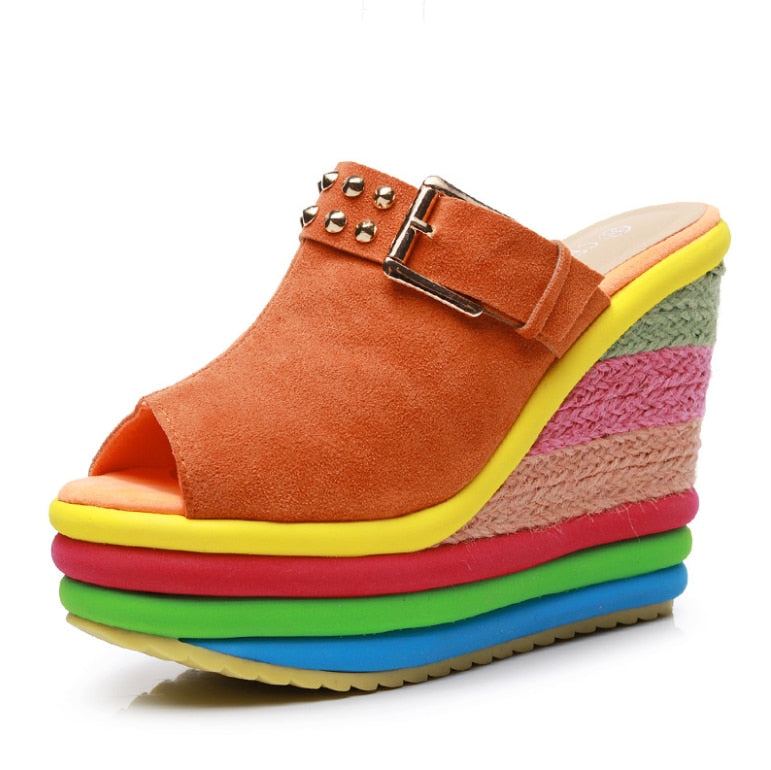 Rainbow Striped Peep Toe Platform Bowknot Hemp Bottom Buckle Ankle Strap Wedge Sandals