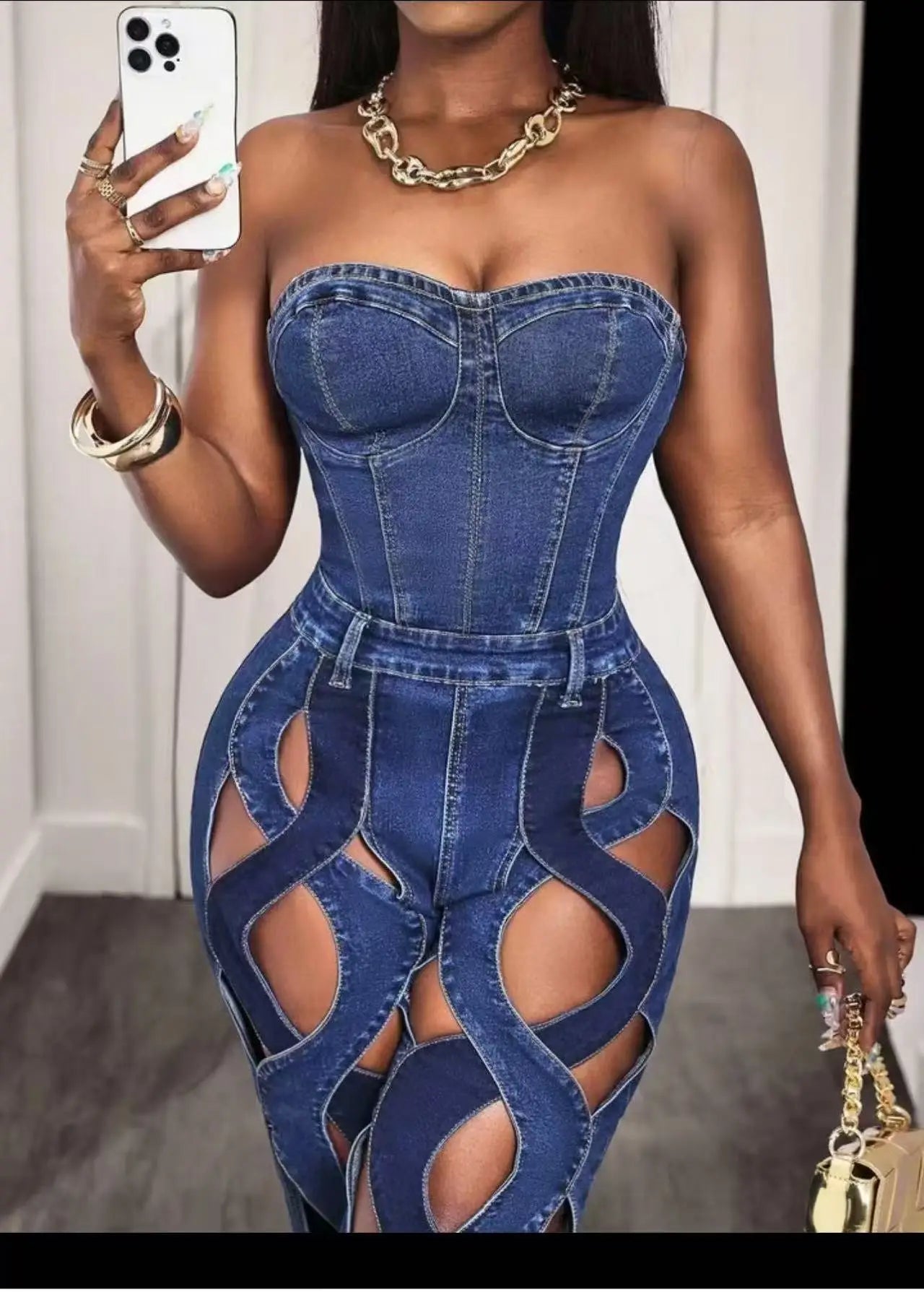 Sleeveless Washed Denim Criss-Cross Corset Tube Top Design Hollow-Out Streetwear Cut-Out Wide Leg Women's Tube Top Jean Jumpsuit