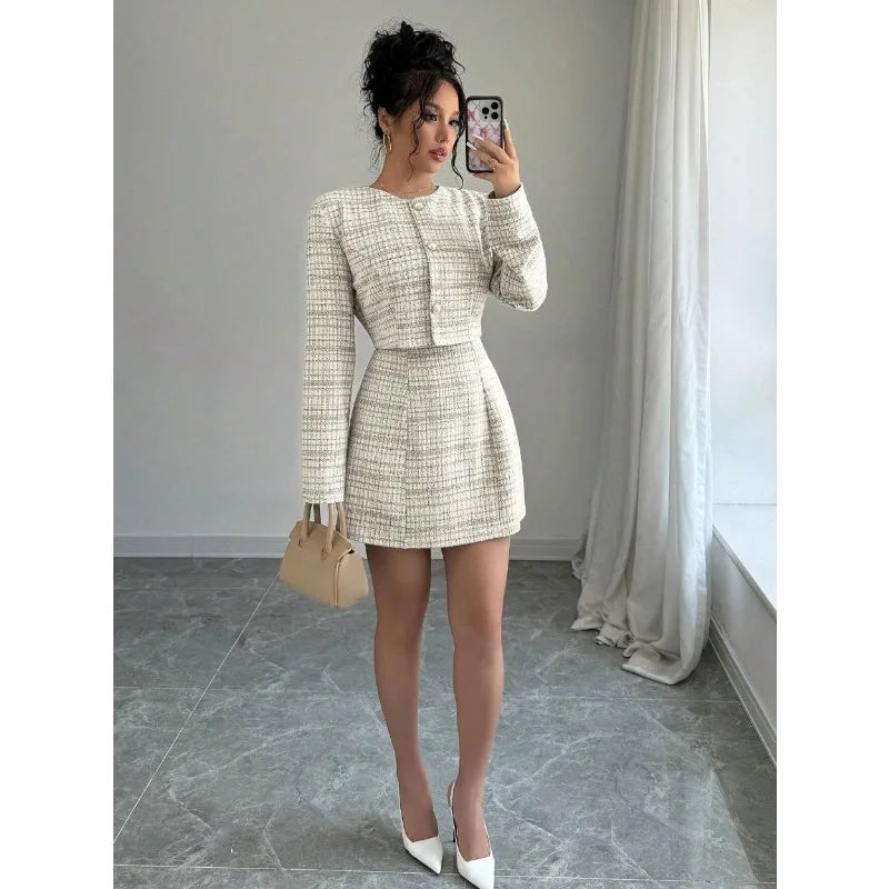 Tweed Plaid Sleeveless Corset Mini Dress w/  O-Neck Blazer Women's Matching 2-Piece Suit
