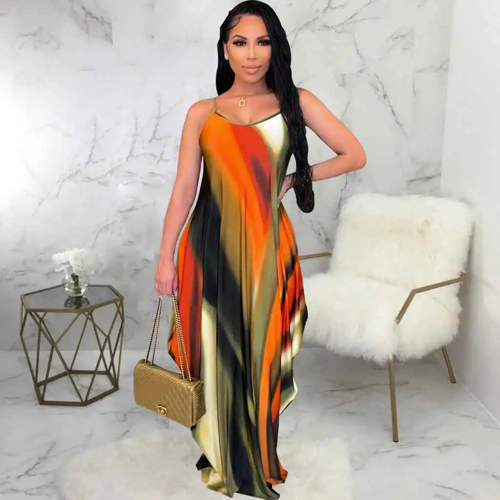 Rainbow Striped Colorblock Ruffled Sleeveless V-Neck Harem Maxi Dress