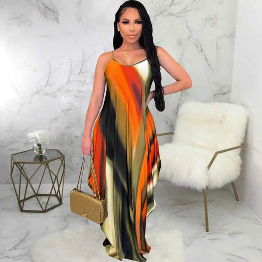 Rainbow Striped Colorblock Ruffled Sleeveless V-Neck Harem Maxi Dress