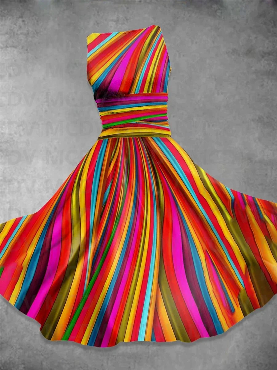Rainbow Gradient/Plaid/Polka Dot/Striped Colorblock 3D Print Sleeveless O-Neck Swing Midi Dress to 3X Plus Size