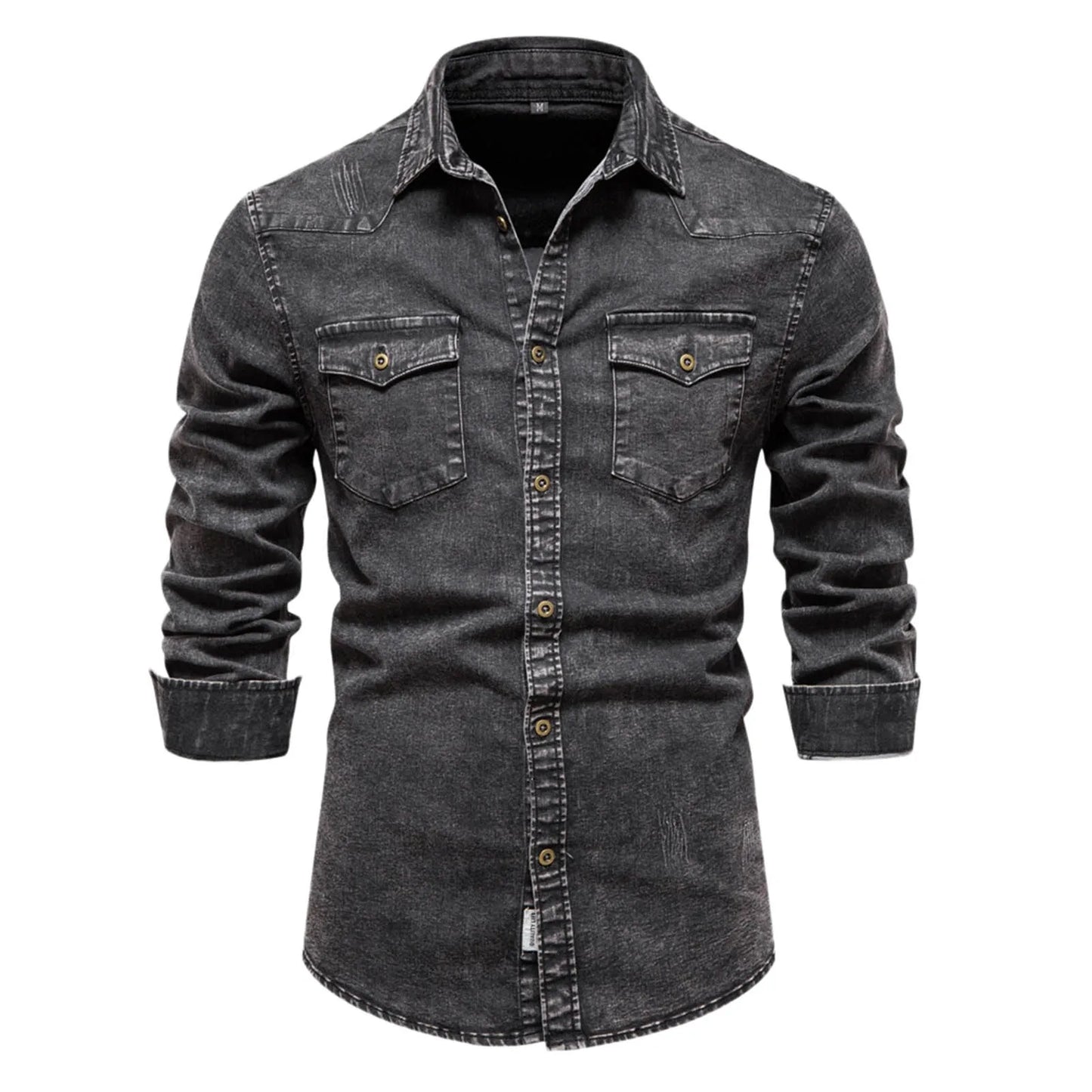 Men's Black/Blue Washed Classic Slim Pocketed Long Sleeve Denim Jean Shirt
