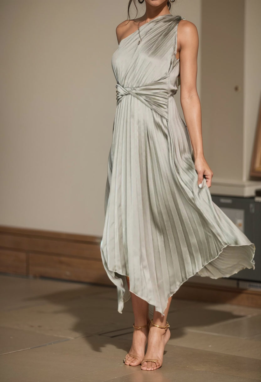 Satin Pleated Floral/Solid Asymmetrical One Shoulder Oblique Collar Maxi Dress w/ Sash Belt