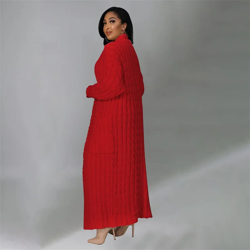 Knitted Weave Pattern Ribbed Maxi Cardigan Sweater