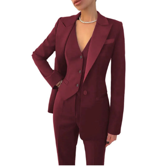 Solid Color Women's Tuxedo Blazer Jacket + Button-Up Vest + Pants 3-Piece Formal Wedding/Party Suit