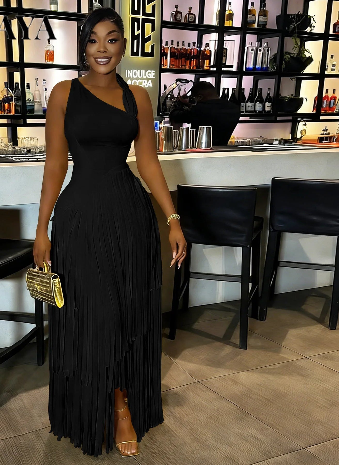 Sleeveless Asymmetrical Tassel Fringe Hem Design Skew Collar Maxi Party Dress