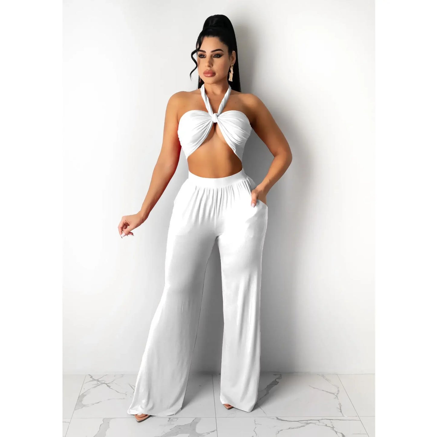 Strapless Hollow-Out  Hatler Neck Crop Top + Leggings Bodycon Solid Color Women's 2-Piece Set