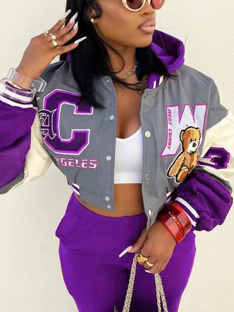 Purple/Grey Teddy Bear Embroidered Ladies Letter Print Cropped Letterman's Jacket w/ Sweatpants Tracksuit