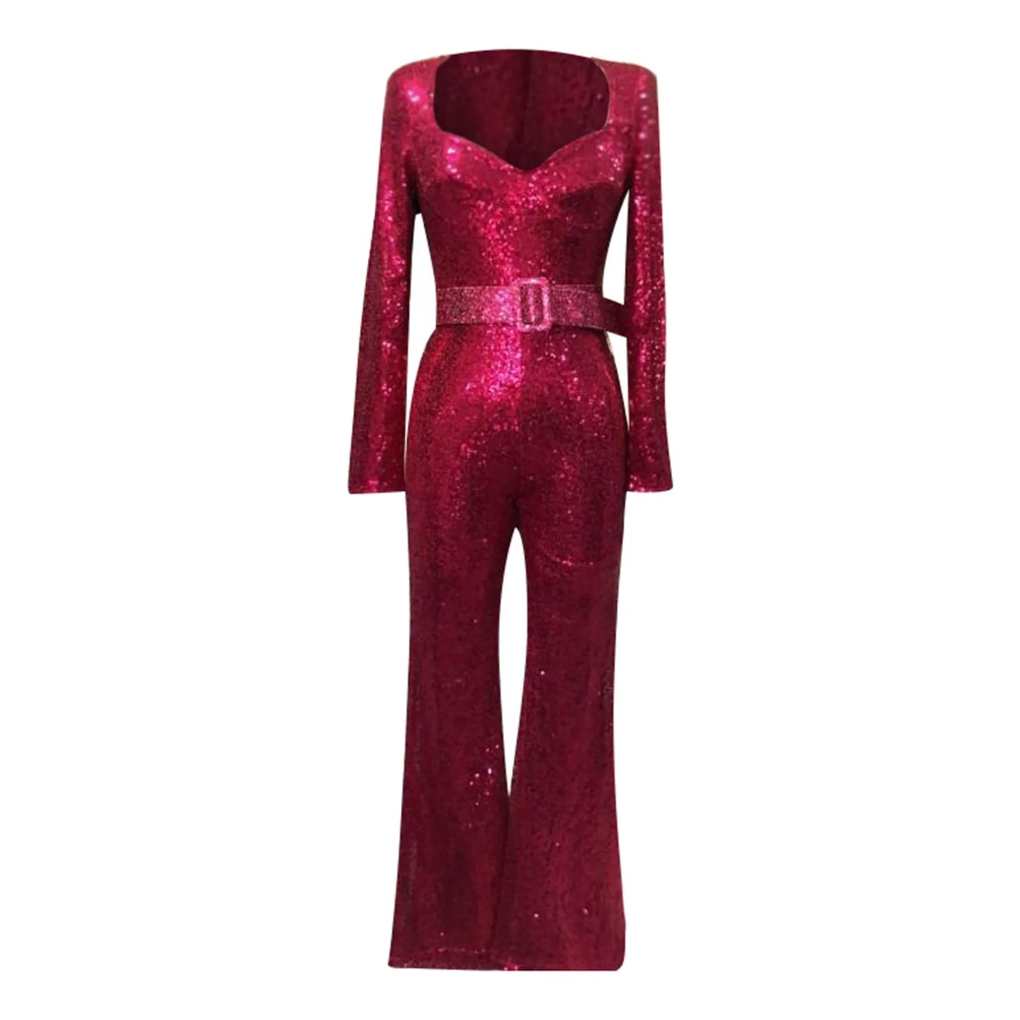 Sequined Sparkling Glitter Skinny Long Sleeve Flare Pant Ladies Formal Party Jumpsuit