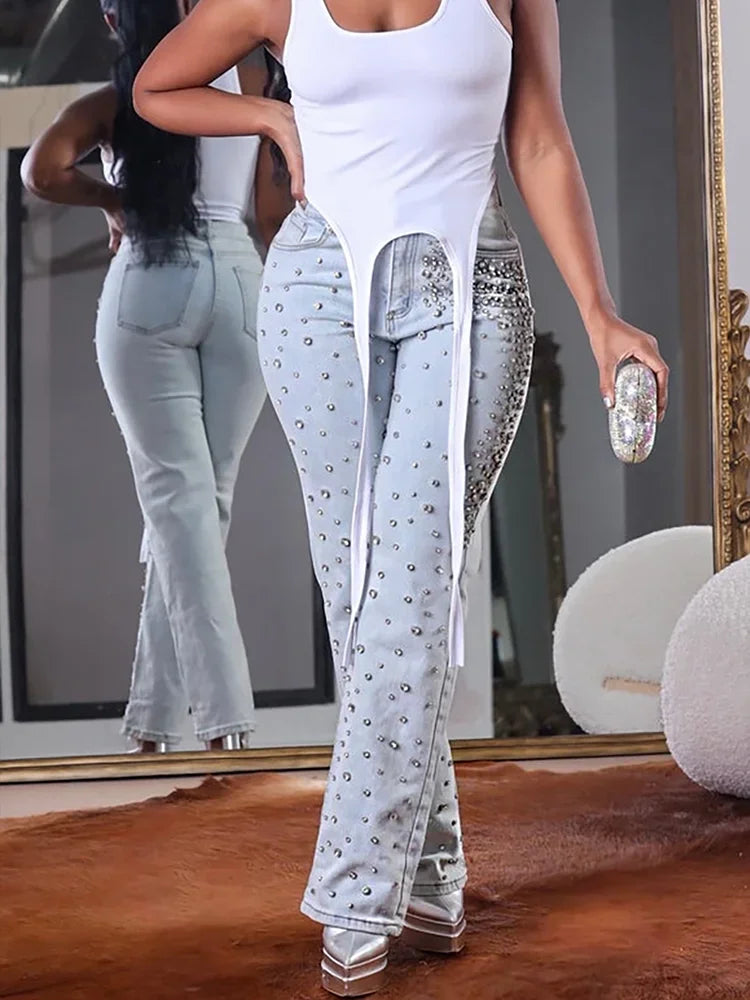 Beaded Studded High Waist Slim Denim Vintage Streetwear Straight Jeans