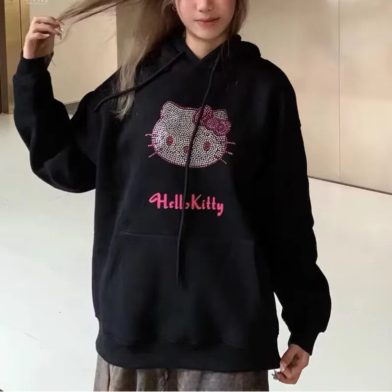 "Hello Kitty" Diamond Rhinestone Sparkling Pattern Hoodie Sweatshirt