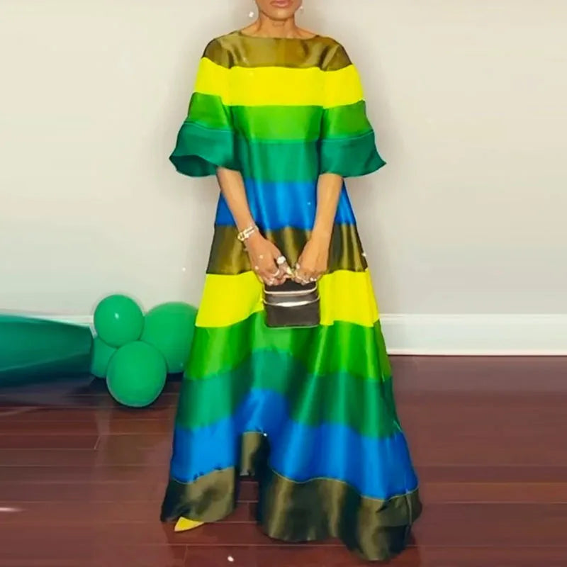 Rainbow Striped Bohemian Oversized Loose 1/2 Sleeve Backless O-Neck Maxi Dress