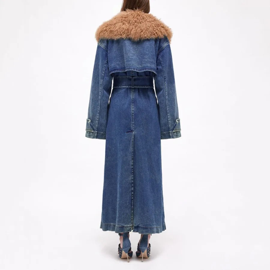 Women Denim Trench Coat Long Jacket Windbreaker Detachable Fur Collar Lace Up Outerwear Washed High Street Autumn Winter 2025
