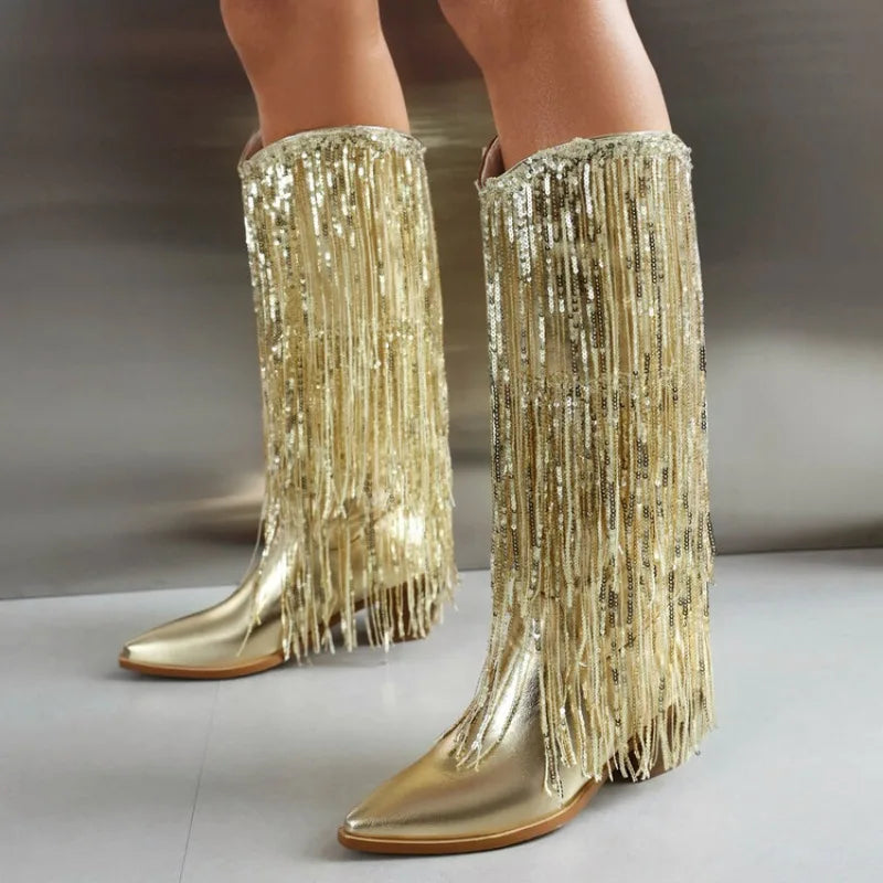 Western Cowgirl Metallic Glitter Tassel Fringe Detail Sequined Knee-High Women's Zipper Low Heel Boots