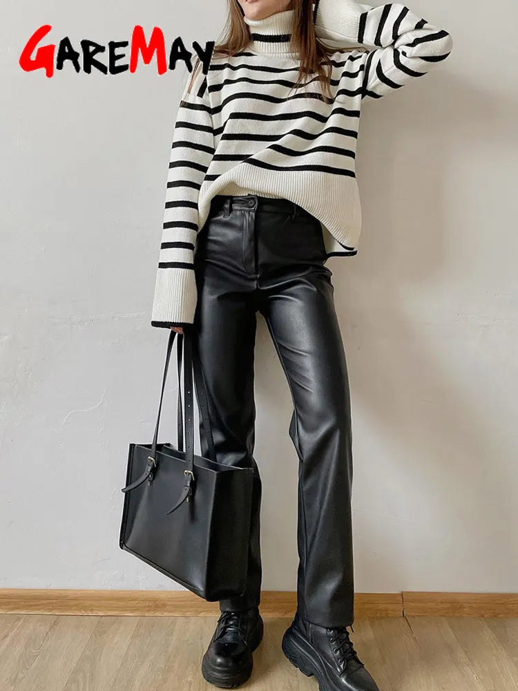 Faux Leather Slim Zipper Classic Pencil Trouser Pants