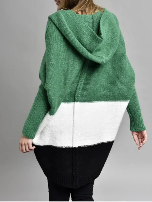 Colorblock Striped Open Stitch Women's Hooded Maxi Sweater