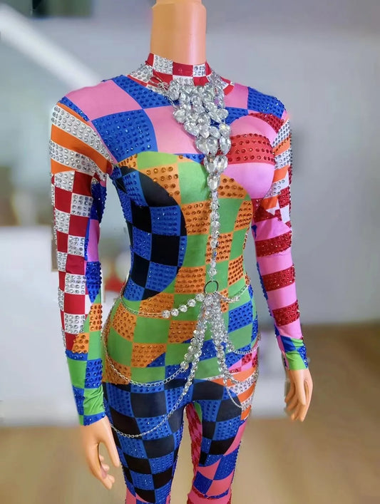 Rainbow Geometric Checker Striped Print Rhinestone Detail Skin Tight Long Sleeve Stage Performance Jumpsuit