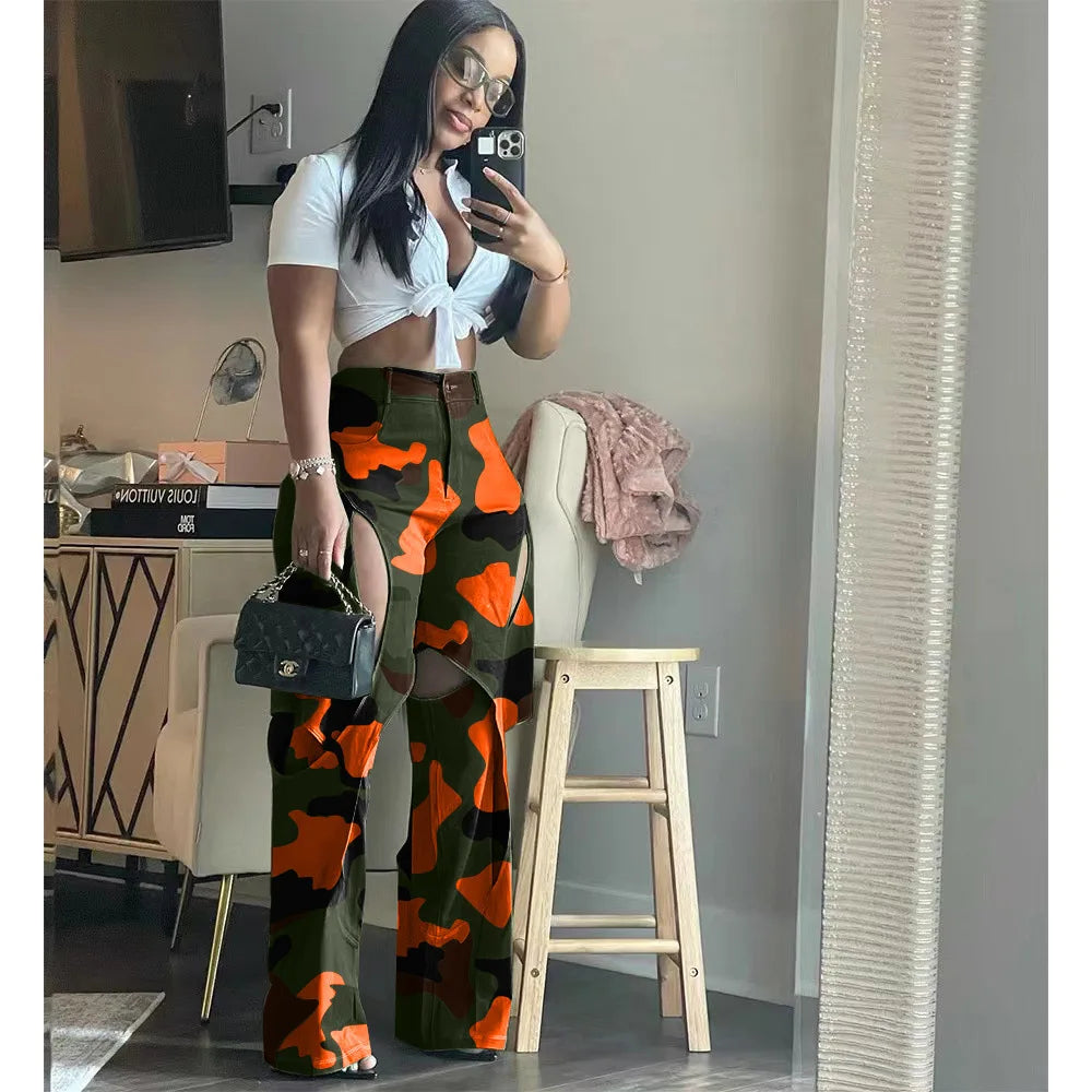 Colored Camoflauge Ripped Hollow-Out Design Women's Cotton High Waist Cargo Multi-Pocketed Streetwear Pants
