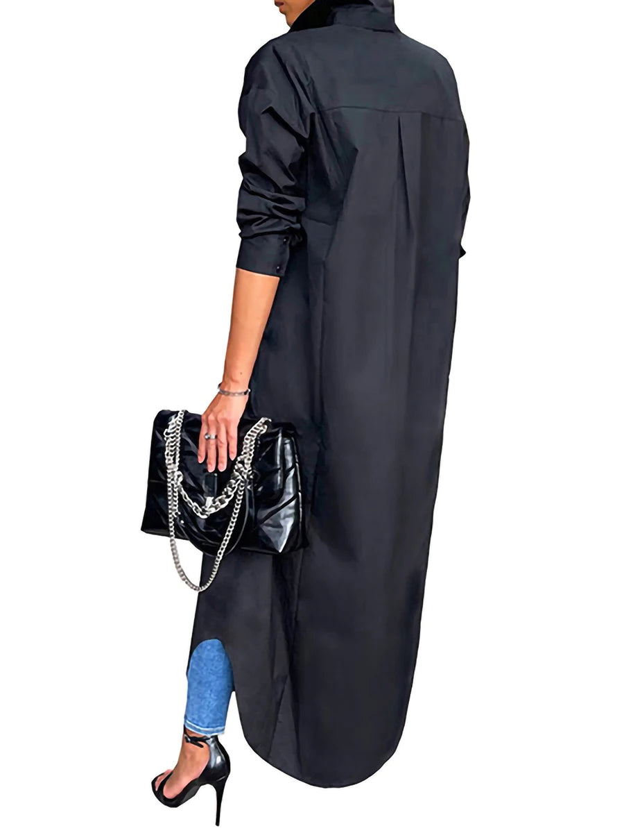 Solid Turn-Down Collar Long Sleeve Button-Up Single Breasted Kaftan Maxi Shirt Dress