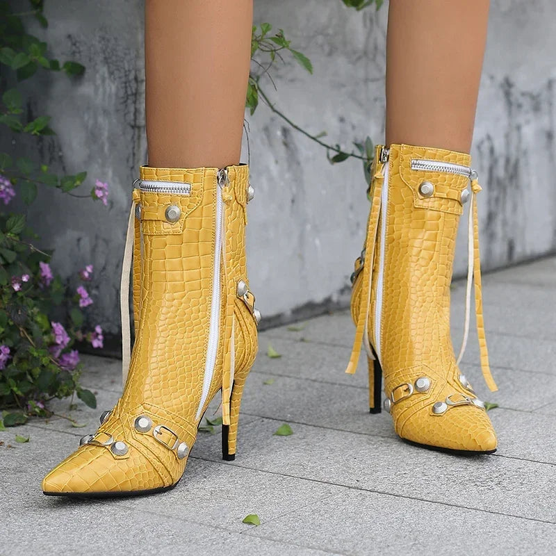 Pointed Toe Metallic Rivet Stud Buckle Detail Stiletto Snake Pattern Side Zipper Ankle Boots