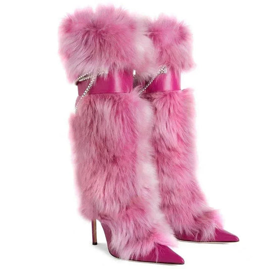 Shaggy Fur Stiletto Heel Pointed Toe Women's Knee-High Boots