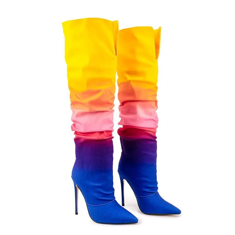 Rainbow Gradient Ruched Pointed Thin Heel Women's Stacked High Heel Boots