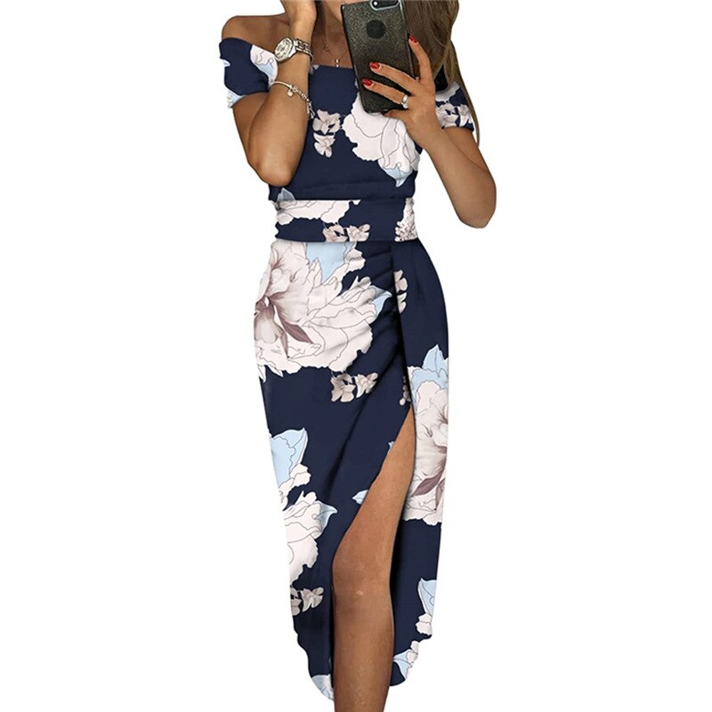 Ruched Floral/Geometric Off-the-Shoulder Printed Bodycon Short Sleeve Maxi Dress