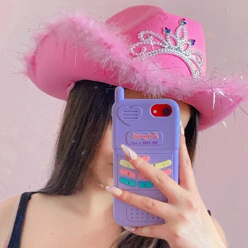 Pink Sequined Rhinestone Crown Pattern Feather Felt Western Cowgirl Hat