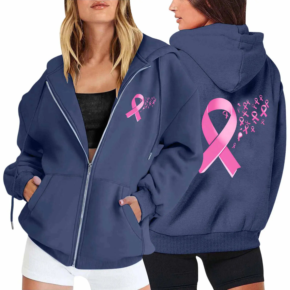 Breast Cancer Awareness Symbol Back Design Women's Zipper Hoodie Sweatshirt to 3X Plus Size