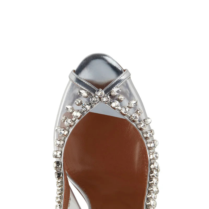 PVC Transparent Rhinestone Chain Detail Fish Mouth Transparent Stiletto Heel Slingback Formal Bridal/Party Pumps