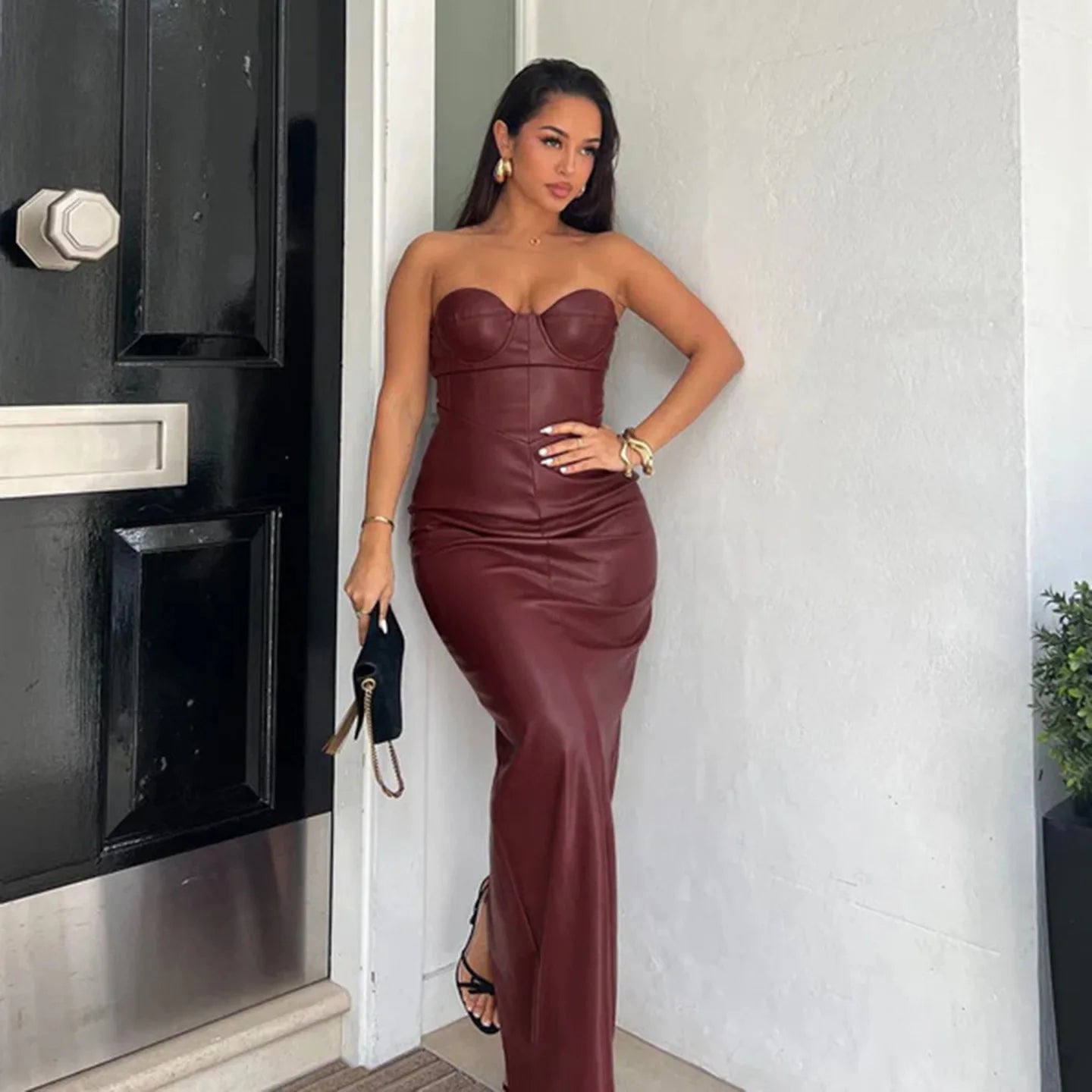 Burgundy Sleeveless PU Leather Bustier Corset Top Strapless Tube Formal Maxi Dress