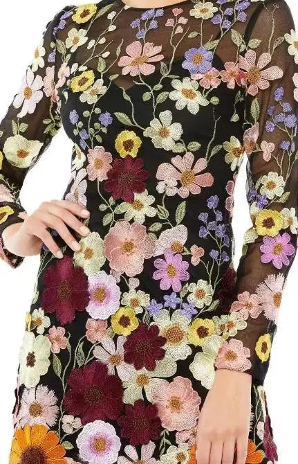 1/2 Turtleneck 3D Flower Print A-Line Long Sleeve Formal Mini Party Dress