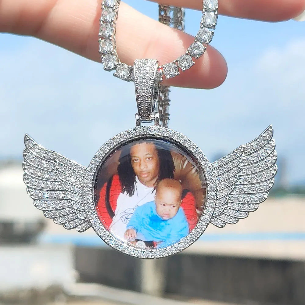 Customized Angel Wing Round Memory  Personalized Picture Pendant Tennis Chain Necklace