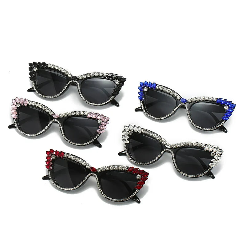 Cat-Eye Embellished Rhinestone Diamond Crystal Baguette Oversized Women's Sunglasses