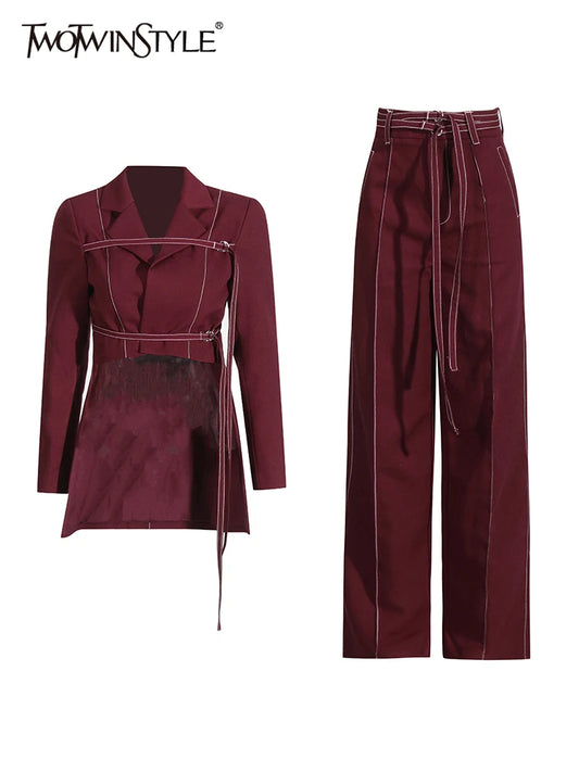 Burgundy Irregular Notched Collar Double Strap Design Blazer Jacket + High Waist Straight Pants Women's Formal Suit