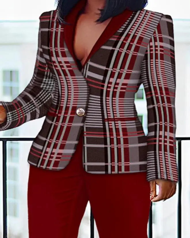 Burgundy Plaid Print Shawl Collar Long Sleeve Blazer & Pants Ladies Office Suit to 4X Plus