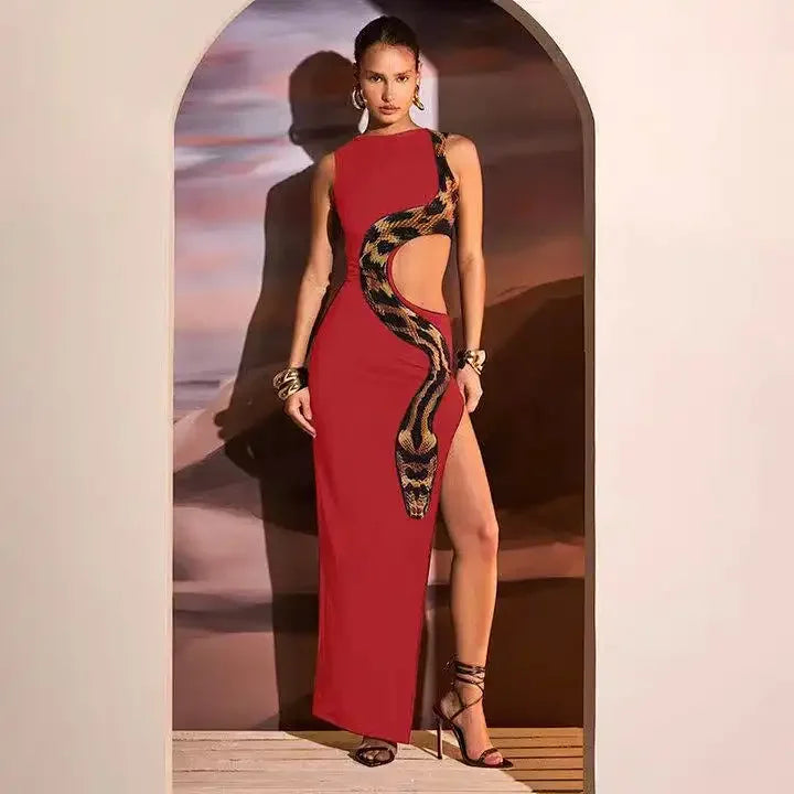 Sleeveless Python Snake Print Cut-Out High Slit Maxi Dress