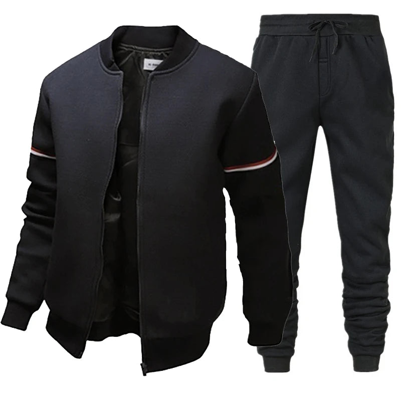 Men's Solid Color Side Striped Mandarin Collar Bomber Jacket + Sweatpants Tracksuit