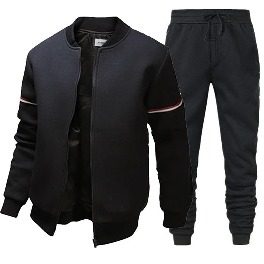 Men's Solid Color Side Striped Mandarin Collar Bomber Jacket + Sweatpants Tracksuit