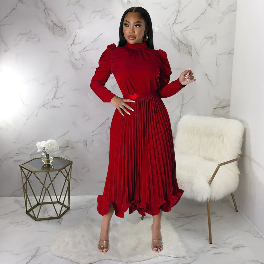 Women’s Solid Color O-Neck Lantern Sleeve Blouse + A-Line Flounce Formal Pleated Maxi Skirt w/ Sash Belt 2-Piece Set