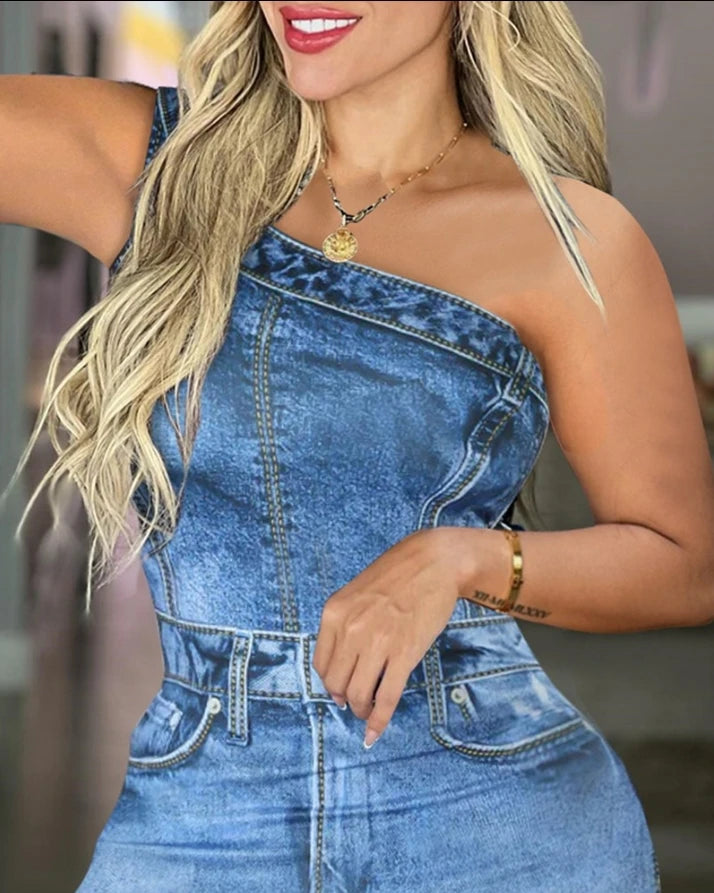 Asymmetrical Faded Denim One Shoulder Sleeveless Bodycon Mini Dress