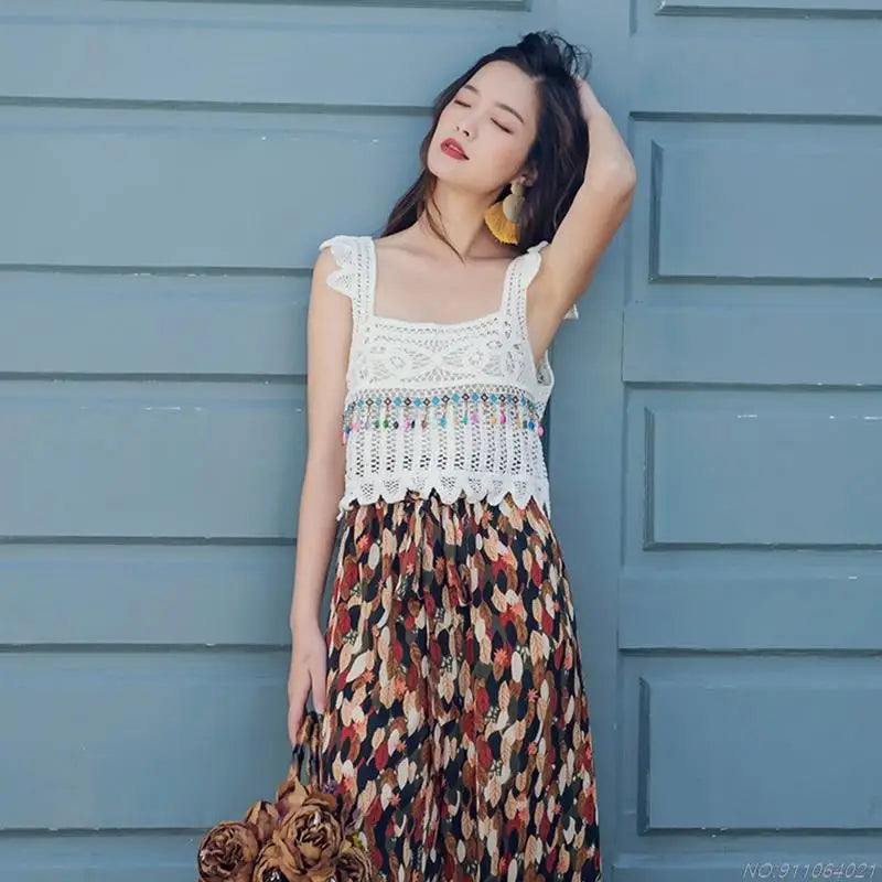 Crochet Multi-Colored Square Flower Design Knitted Square Neck Women's Sleeveless Cropped Tank Top