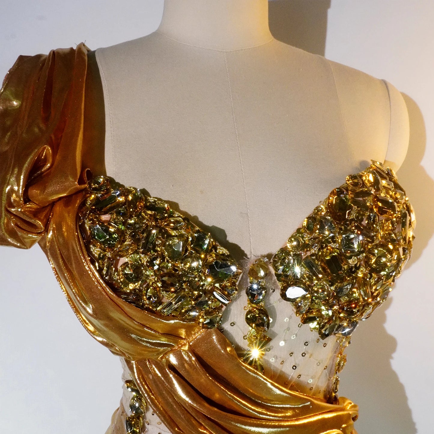 Gold Crystal Rhinestone Asymmetrical One Shoulder Women's Top + High Slit Maxi Skirt 2-Piece Formal Stage Costume Set