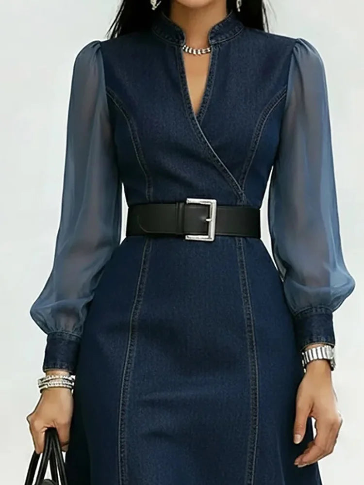 Denim Transparent Sheer Long Lantern Sleeve V-Neck Belted Midi Jean Dress