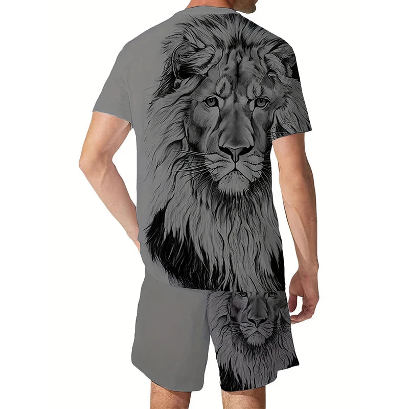 3D Lion Print Men's Streetwear Oversized Graphic T-Shirt + Shorts 2-Piece Set to 6X Big & Tall