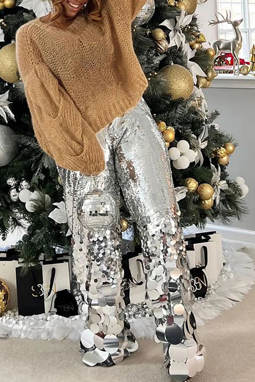 Metallic Designer Silver/Gold Sequined Round Tassel Fringe Design Women's Asymmetrical High Waist Flare Pants to 4X Plus Size