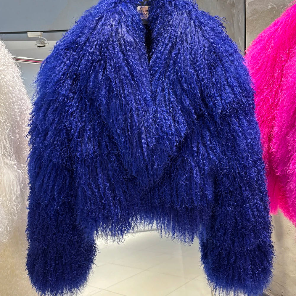 Shaggy Mongolia Sheep Fur Oversized Collar Women's Jacket to 8X Plus Size