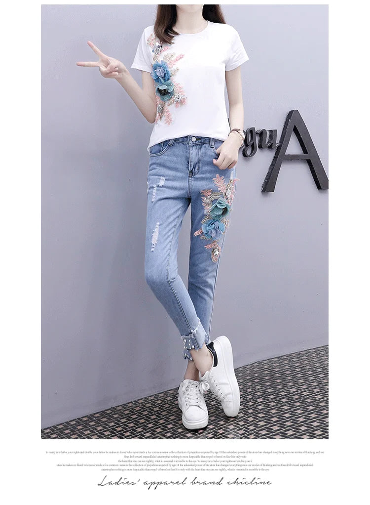 Floral Embroidered Women's Short Sleeve T-Shirt + Matching Denim Jeans 2-Piece Set to 3X Plus Size